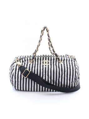Chanel CC Logo Bowling Bag Stripe 2-Way Black White Nylon Leather Large